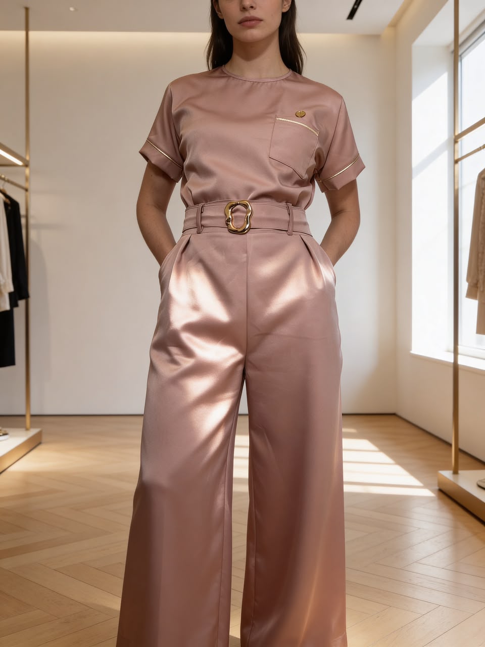 Conjunto feminino rosé com acabamento dourado Care Dress