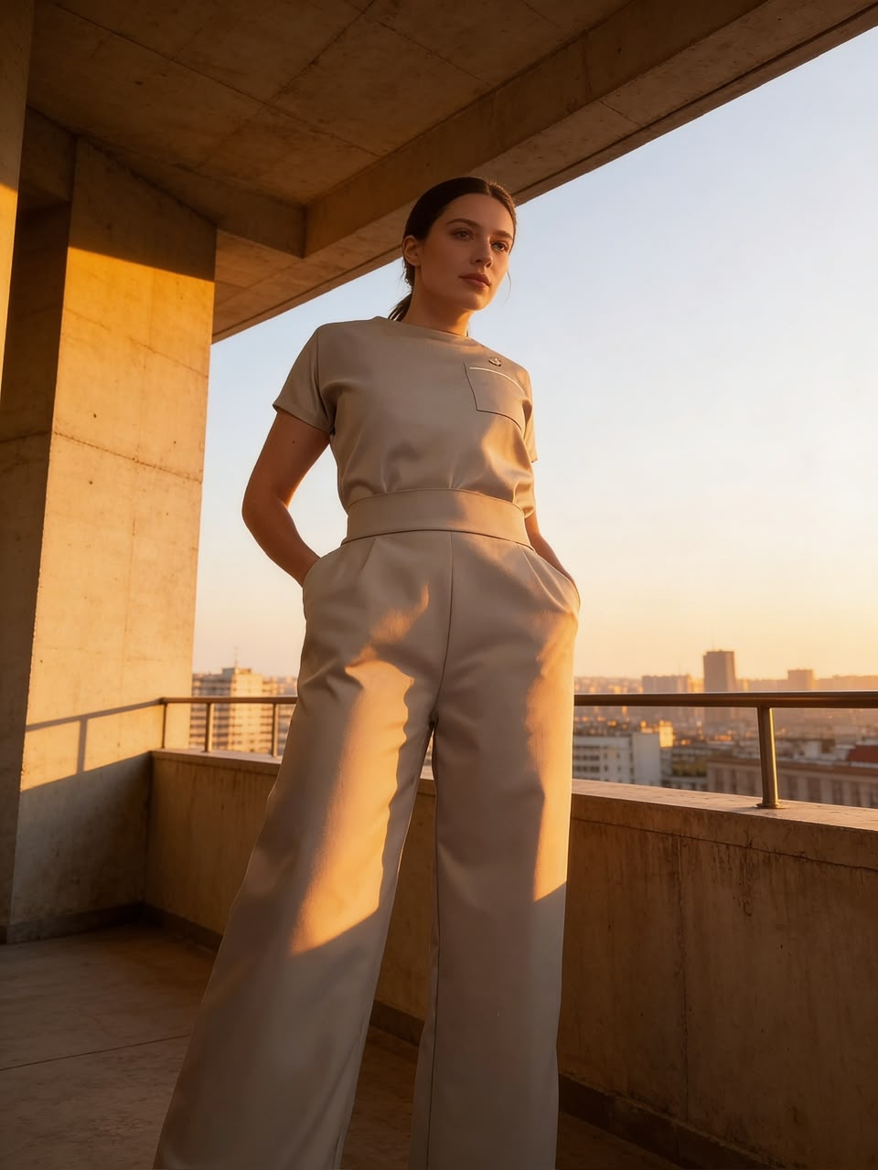 Conjunto feminino areia ao pôr do sol